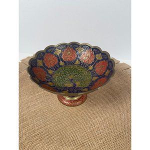Vintage Hand Made Brass Enamel Painted Peacock Design Pattern Indian Dish Bowl,